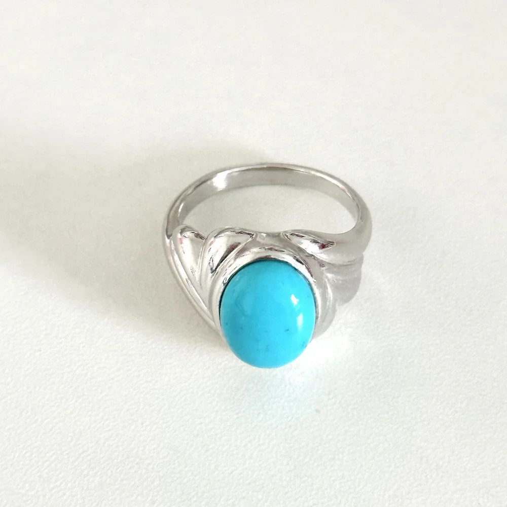 925 Sterling Silver JS Designer Large Oval Turquoise Band Ring Size 10